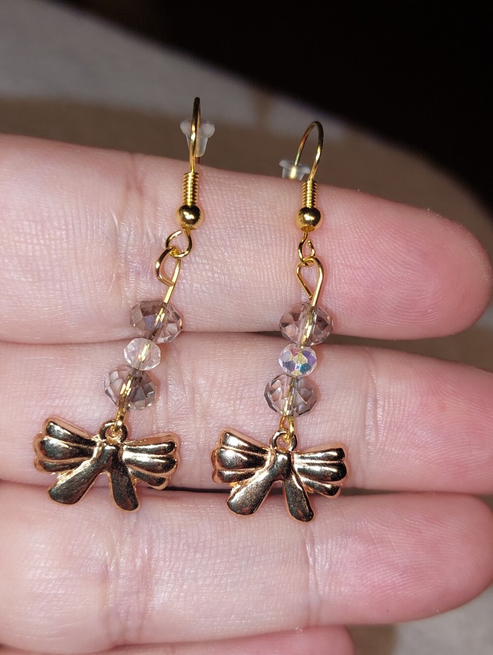 Handmade Goldtone Bow Drop Earrings with Crystal Beads